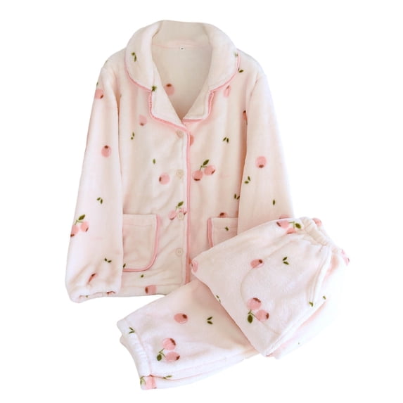 SwiftWear Women's Cute Bear/Pink Peach Print Pajama Set - Cozy Sleepwear & Home Lounge Set 2 Piece Long Sleeve Flip Collar Top with Pockets and Pants, Warm Comfort Pjs Pink