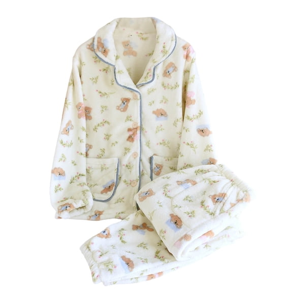 SwiftWear Women's Cute Bear/Pink Peach Print Pajama Set - Cozy Sleepwear & Home Lounge Set 2 Piece Long Sleeve Flip Collar Top with Pockets and Pants, Warm Comfort Pjs White
