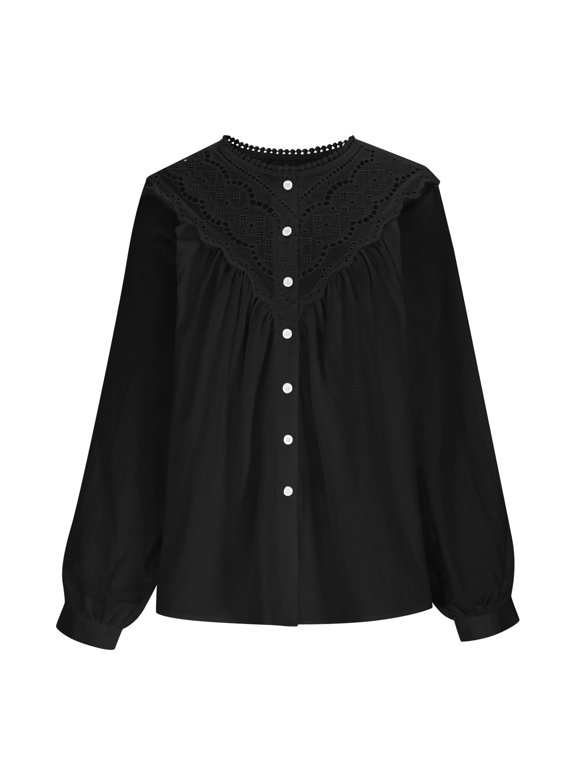 Women's Cute Casual Puff Sleeve Lace Blouse Cottagecore Fall Flowy Tops Cotton Elegant Hollow Out Ruffle Button Down Shirt Black