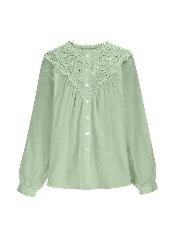 Women's Cute Casual Puff Sleeve Lace Blouse Cottagecore Fall Flowy Tops Cotton Elegant Hollow Out Ruffle Button Down Shirt Green