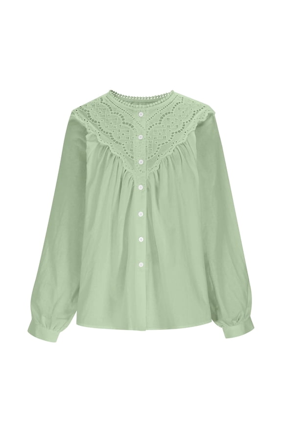Women's Cute Casual Puff Sleeve Lace Blouse Cottagecore Fall Flowy Tops Cotton Elegant Hollow Out Ruffle Button Down Shirt Green