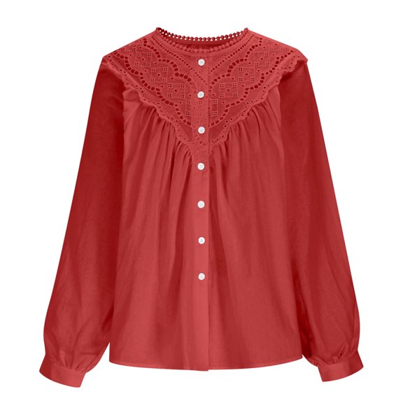 SwiftWear Women's Cute Casual Puff Sleeve Lace Blouse Cottagecore Fall Flowy Tops Cotton Elegant Hollow Out Ruffle Button Down Shirt ​​ Red