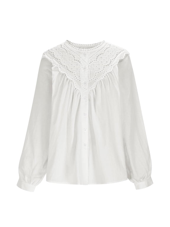 Women's Cute Casual Puff Sleeve Lace Blouse Cottagecore Fall Flowy Tops Cotton Elegant Hollow Out Ruffle Button Down Shirt White