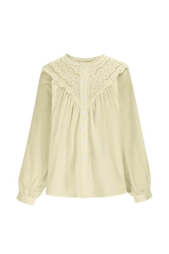 Women's Cute Casual Puff Sleeve Lace Blouse Cottagecore Fall Flowy Tops Cotton Elegant Hollow Out Ruffle Button Down Shirt Yellow