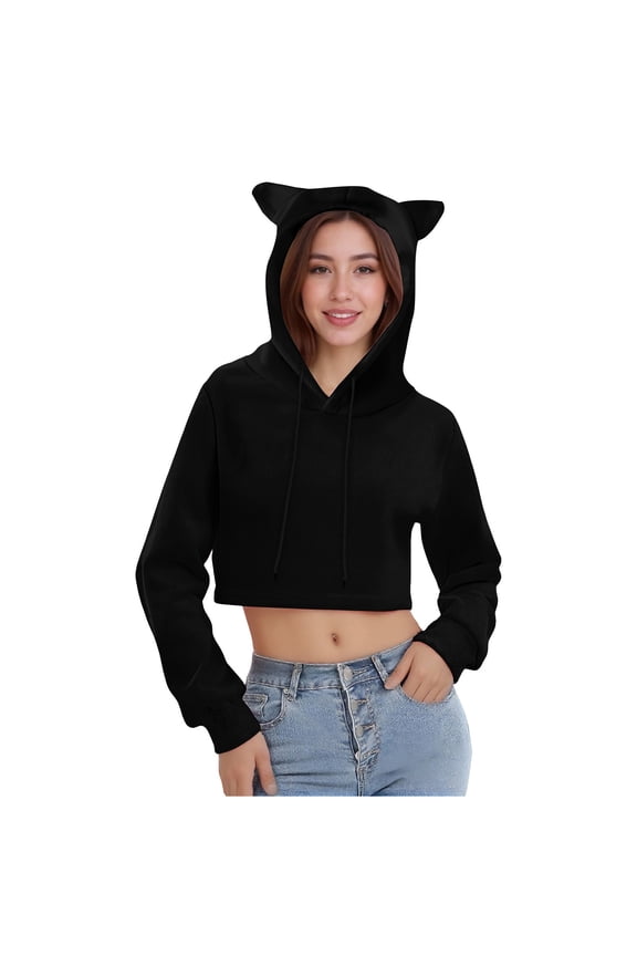 Women's Cute Cat Ear Crop Top Hoodie Pink Fleece Lined Sweatshirt with Drawstring Hood,Casual Wear for Trendy Style Black