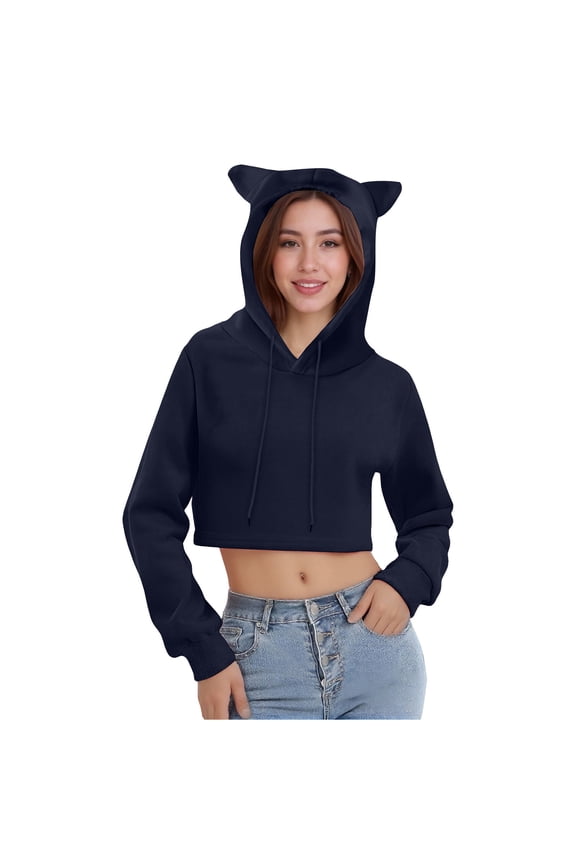Women's Cute Cat Ear Crop Top Hoodie Pink Fleece Lined Sweatshirt with Drawstring Hood,Casual Wear for Trendy Style Navy
