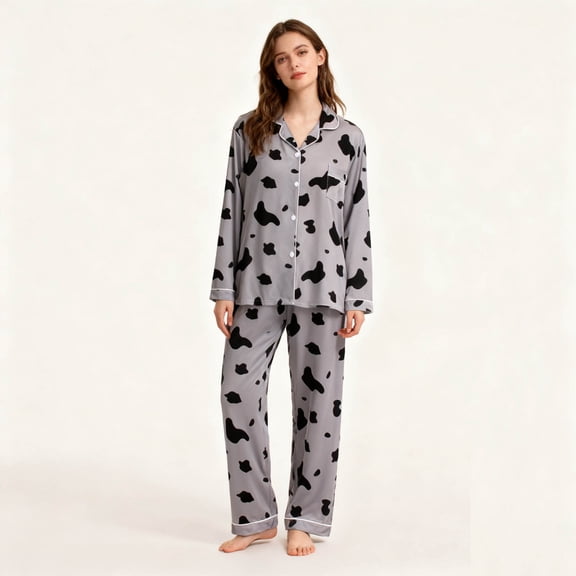 SwiftWear Women’s Cute Cow Pajama Set Loose Long Sleeve Lounge Wear with Pockets & Elastic Waist Pants, Soft Button-Down Sleepwear Gray Cozy Clothes