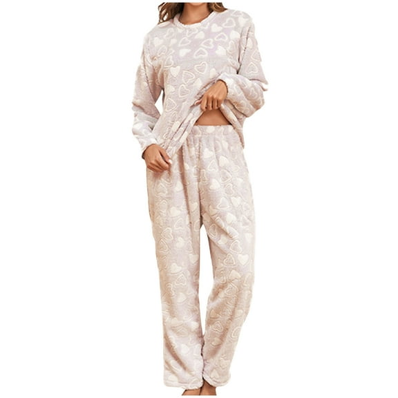 SwiftWear Women's Cute Heart-Print Flannel Lounge Pajamas Set Ultra-Cozy Sleepwear Long Sleeve Tops & Pants 2 Piece Pajama Set