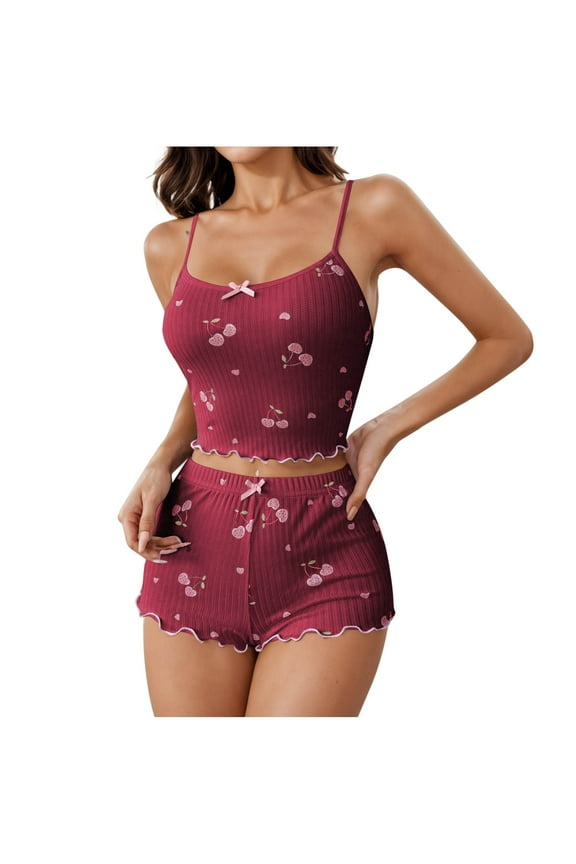 Women's Cute Pink Cherry Print Pajamas Set - Ice Silk Summer Cami with Bow Detail & Ruffled Shorts, Sweet Slim Fit Sleepwear