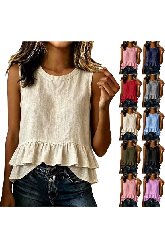 Women's Cute Tank Top Tiered Ruffle Hem Casual Cotton Linen Blend Summer Flowy Peplum Tops