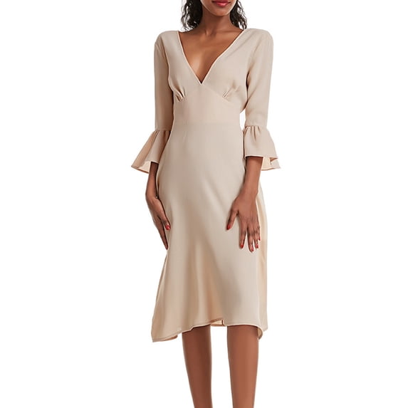 SwiftWear Women's Deep V-Neck Bell Sleeve Midi Dress Elegant Party & Wedding Guest Dresses Plus Size Flattering A-Line Cocktail Dress for Date Night & Special Occasions, Khaki