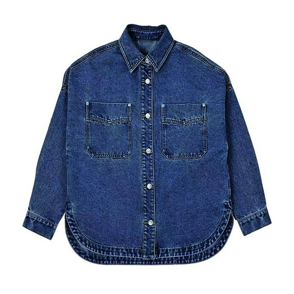 SwiftWear Women's Denim Jean Jacket Oversized Button Down Shirt Casual Long Sleeve Shackt with Pockets​, Dark Blue