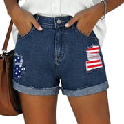 SwiftWear Women's Denim Shorts American Flag Distressed Ripped Folded Hem Button Fly Jean Shorts Casual Summer Shorts for 4th of July Independence Day