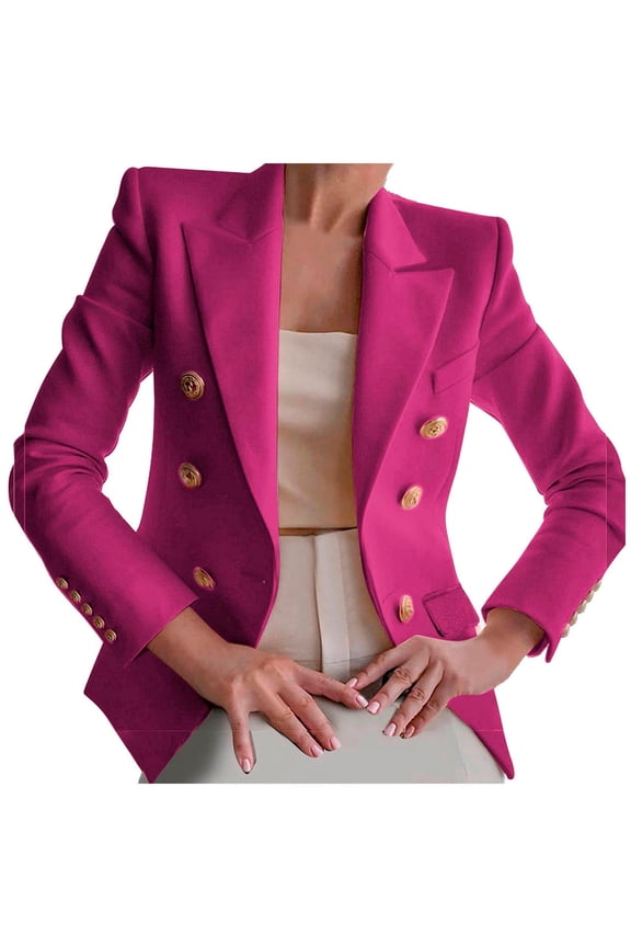 Women's Double Breasted Blazer Vintage Button Down Jacket Professional Work Casual Dressy Suit, Hot Pink