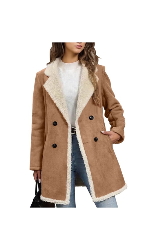 Women's Double-Breasted Faux Suede Coat Warm Shearling Lined Peacoat Winter Jacket with Front Pockets,Casual Style