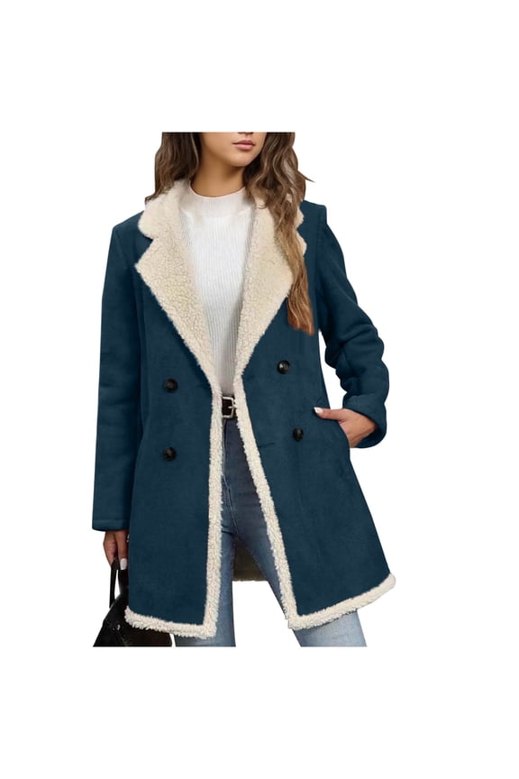 Women's Double-Breasted Faux Suede Coat Warm Shearling Lined Peacoat Winter Jacket with Front Pockets,Casual Style