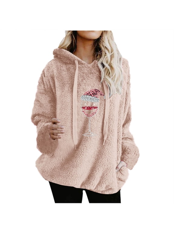 Women's Double-Sided Plush Christmas Print Hoodie Cozy Fleece Lined Sweatshirt Pullover with Drawstring Hood, Plus Size Holiday Tops for Festive Comfort S-3XL Pink