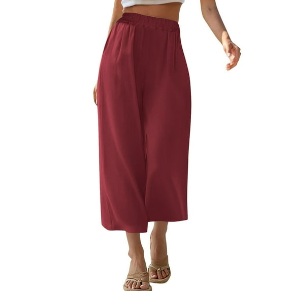 SwiftWear Women's Drawstring Waist Flowy Wide Leg Capri Pants Linen Cotton Casual Capris with Pockets, Relaxed Fit Cropped Pants S-2XL