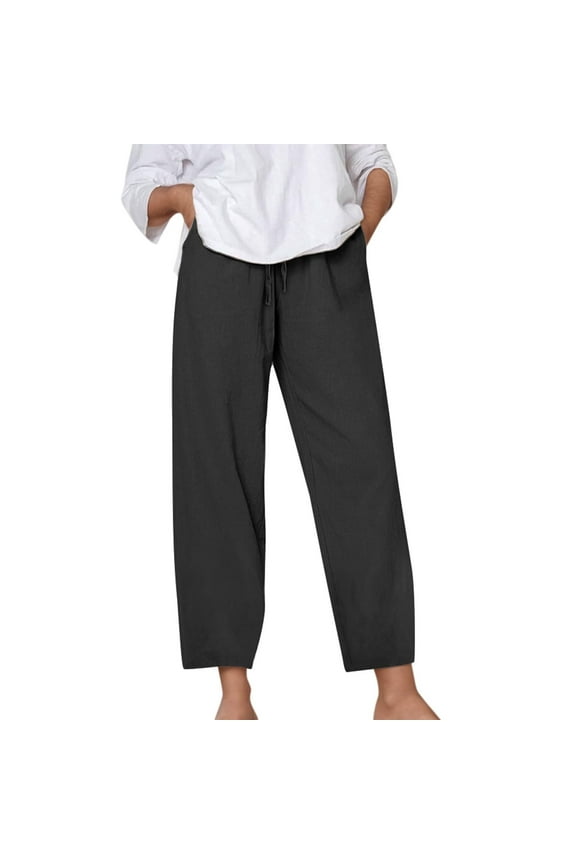 Women's Drawstring Waist Straight Leg Linen-like Cropped Pants Plus Size Casual Ankle Length Trousers Comfortable Lounge Pants S-5XL
