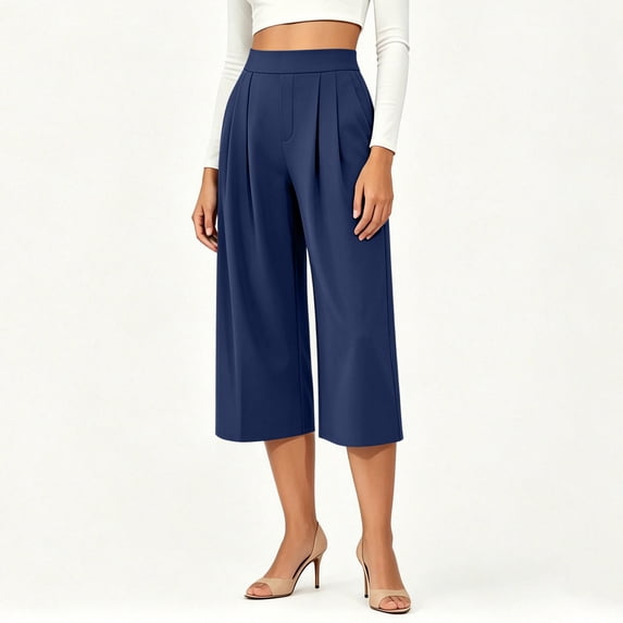 SwiftWear Women's Dress Work Capri Pants Solid Color Wide Leg Capris Stretch Casual Cropped Pants S-2XL
