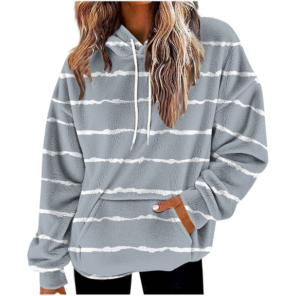 SwiftWear Women's Drop-Shoulder Striped Fleece Hoodie Oversized Casual Pullover Soft Fluffy Loungewear with Front Pocket Gray