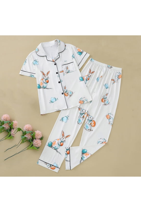 Women's Easter Bunny Cute Pajama Set Lapel Collar Button Down Lounge Wear Short Sleeve Sleep Set, White