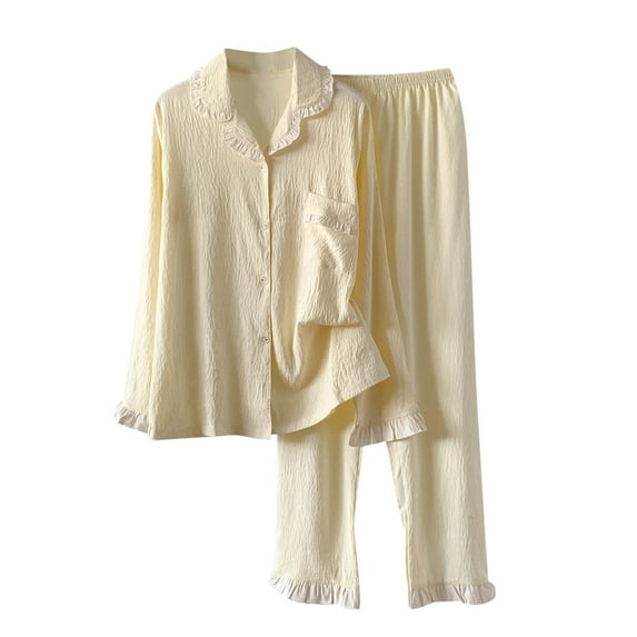 SwiftWear Women's Elegant Turn-Down Collar Pajama Set - Soft Cotton Sleepwear Lounge Set 2Piece Pjs Comfortable Long Sleeve Top with Pants for Home Wear Yellow