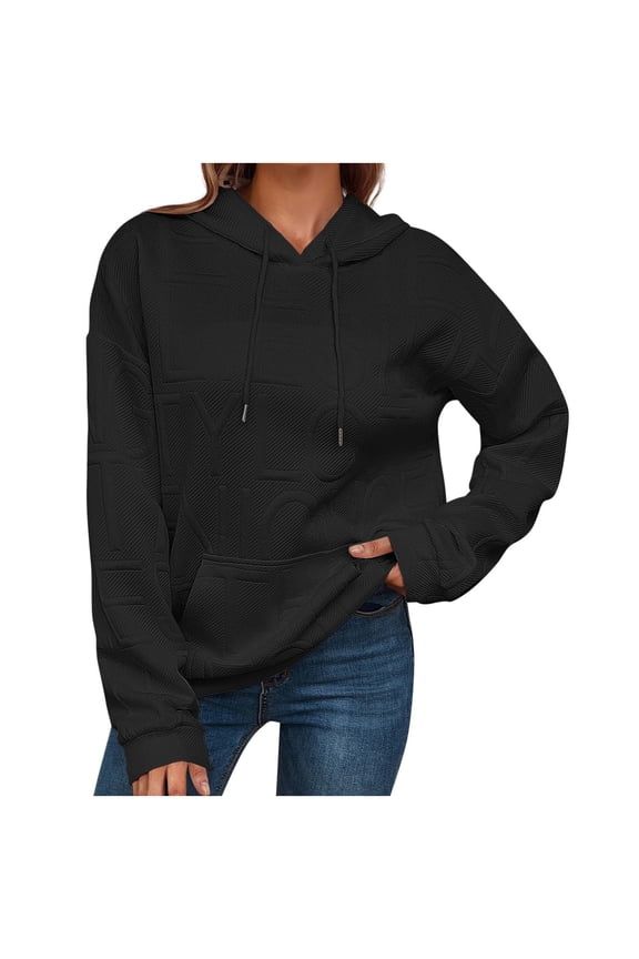 Women's Embossed Letter Hoodie - Waffle Texture Pullover with Front Pocket, Soft Comfort Fit Casual Sweatshirt Black