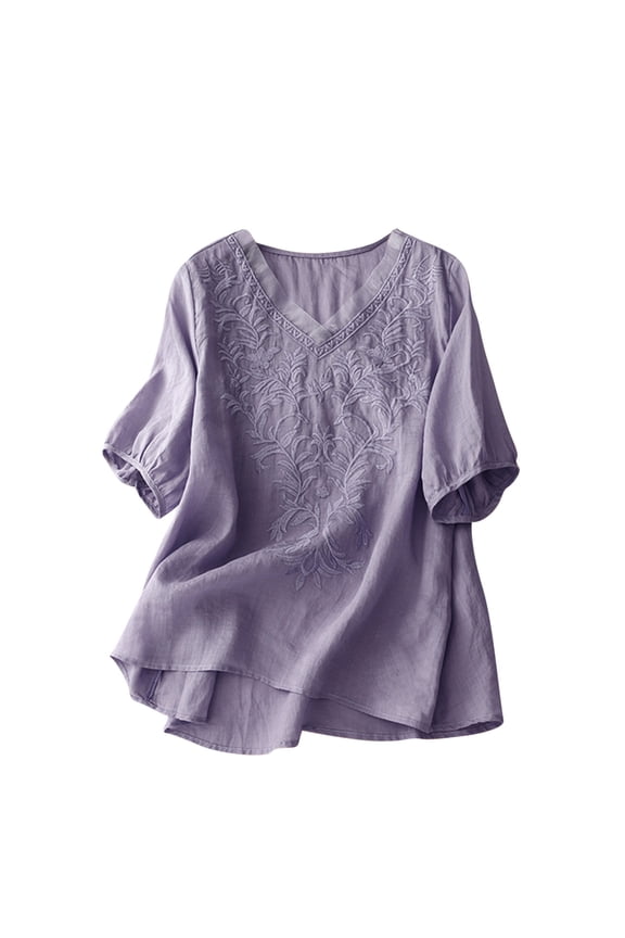 Women's Embroidered Short Sleeve Blouse V-Neck Cotton Linen Shirt - Loose Fit Summer Casual Blouse with Delicate Floral Embroidery