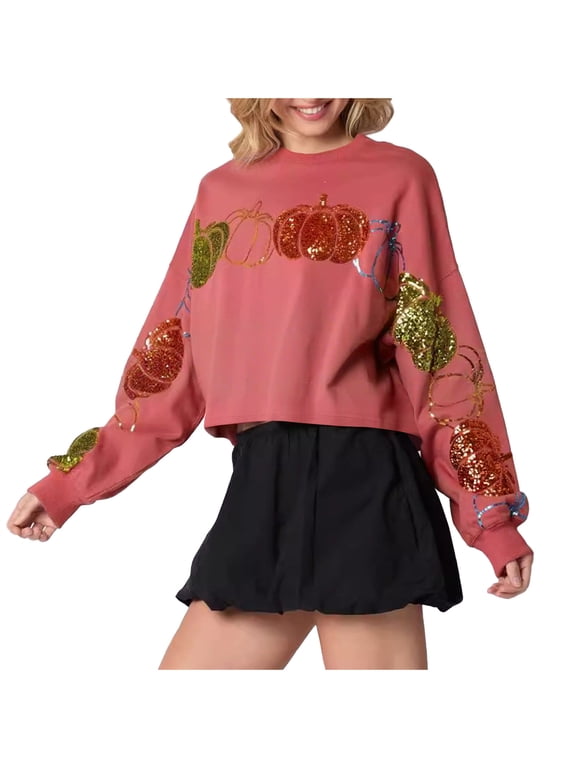 Women's Fall Pumpkin Sparkle Sequins Sweatshirt Oversize Cropped Crewneck Pullover Tops, Soft Casual Loungewear for Thanksgiving & Halloween Pink