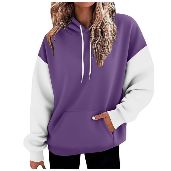 SwiftWear Women's Fashion Contrast Hoodie Oversized Colorblock Pullover Tops with Pocket, Modern Streetwear Style Comfort Fit Purple