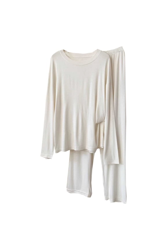 Women's Fashion Modal Pajama Set with Crew Neck - Cozy Sleepwear & Home Lounge Sets Long Sleeve Top and Pants for superte Comfort Beige