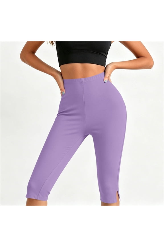 Women's Fashion Split Hem Capri Leggings High Waisted Stretchy Yoga Pants Casual Slim Fit Workout Trousers for Gym Summer Daily