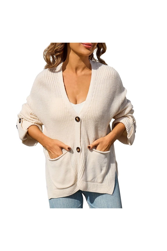 Women's Fashionable Solid Button Up Crochet Cardigan with Pockets Soft Knit Sweater for Casual Outfits, Oversized Fit V-Neck Cardigan for Daily Wear, Office or Layering