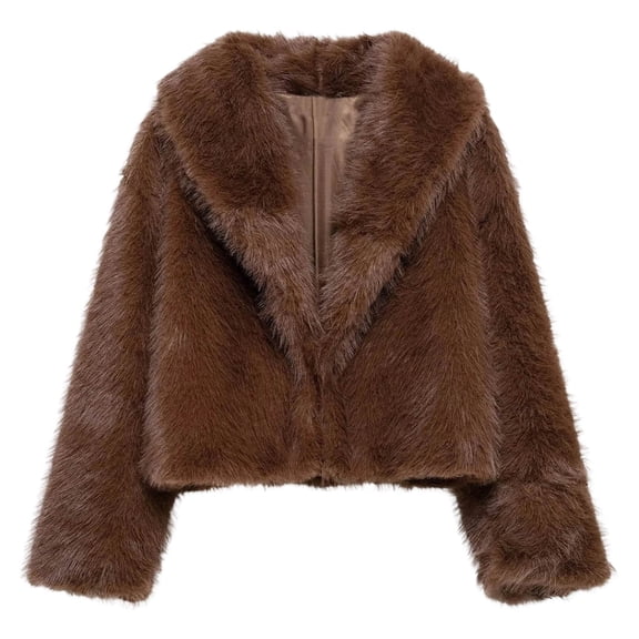 SwiftWear Women's Faux Fur Jacket Lapel Open Front Shaggy Furry Cropped Winter Coat Slim Fit Teddy Bear Outerwear​​, Coffee