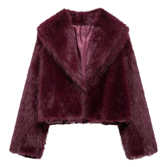 SwiftWear Women's Faux Fur Jacket Lapel Open Front Shaggy Furry Cropped Winter Coat Slim Fit Teddy Bear Outerwear​​, Wine