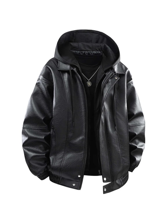 Women's Faux Leather Hooded Jacket Zip Up Moto Coat Trendy Casual Two Pocket Waterproof Windproof PU Vintage Bomber Hoodie, Black