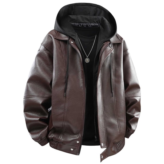 SwiftWear Women's Faux Leather Hooded Jacket Zip Up Moto Coat Trendy Casual Two Pocket Waterproof Windproof PU Vintage Bomber Hoodie, Coffee