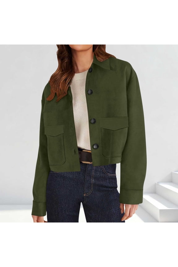 Women's Faux Suede Cropped Jacket Casual Lightweight Fashion Shacket Button Down Outerwear Trendy Overshirt​​, Green