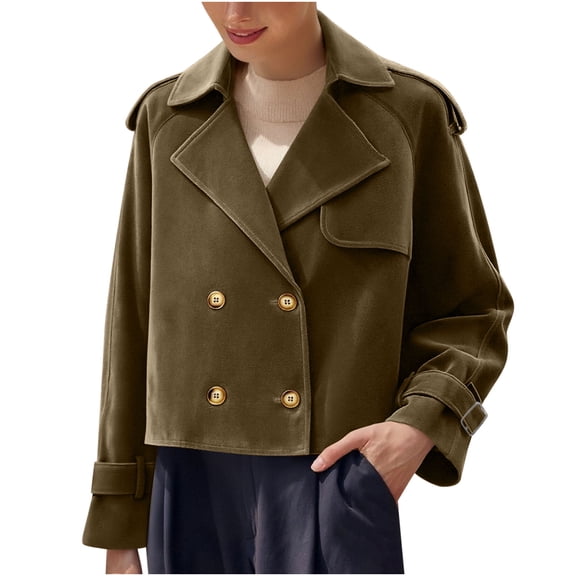 SwiftWear Women's Faux Suede Jacket Double Breasted Cropped Trench Coat Retro Casual Relaxed Fit Outerwear​, Brown