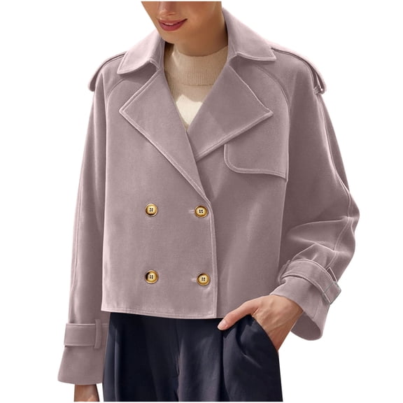 SwiftWear Women's Faux Suede Jacket Double Breasted Cropped Trench Coat Retro Casual Relaxed Fit Outerwear​, Pink