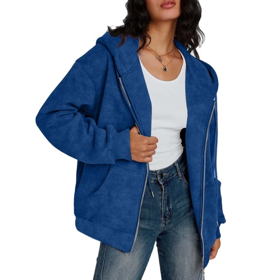 SwiftWear Women's Faux Suede Jacket Oversized Hooded Zip Up Sweatshirts Casual Outerwear​​ Fashion, Blue