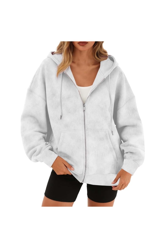 Women's Faux Suede Jacket Oversized Hooded Zip Up Sweatshirts Casual Outerwear​​ Fashion, White