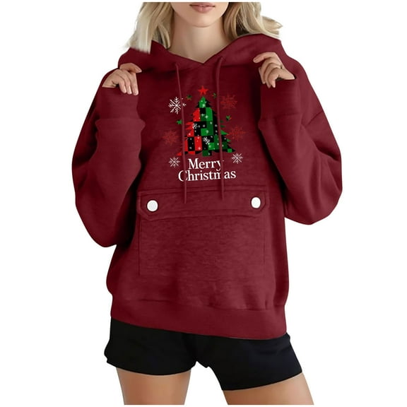 SwiftWear Women's Festive Christmas Print Hoodie Cozy Fleece Lined Pullover with Large Pocket, Oversized Holiday Hooded Sweatshirt Wine
