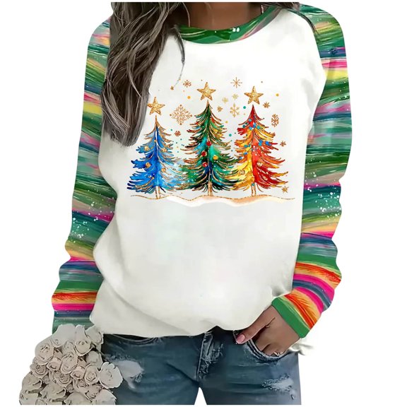SwiftWear Women's Festive Christmas Tree Print Raglan Sweatshirt Colorful Holiday Pullover with Drop Shoulder Design, Soft Casual Crewneck Top Yellow