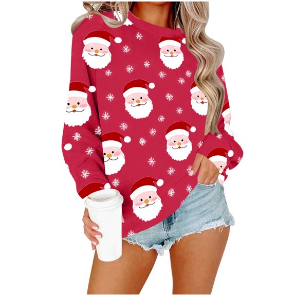 SwiftWear Women's Festive Santa Print Crewneck Sweatshirt Christmas Themed Long Sleeve Pullover Tops Soft Holiday Casual Wear with Cheerful Design Red