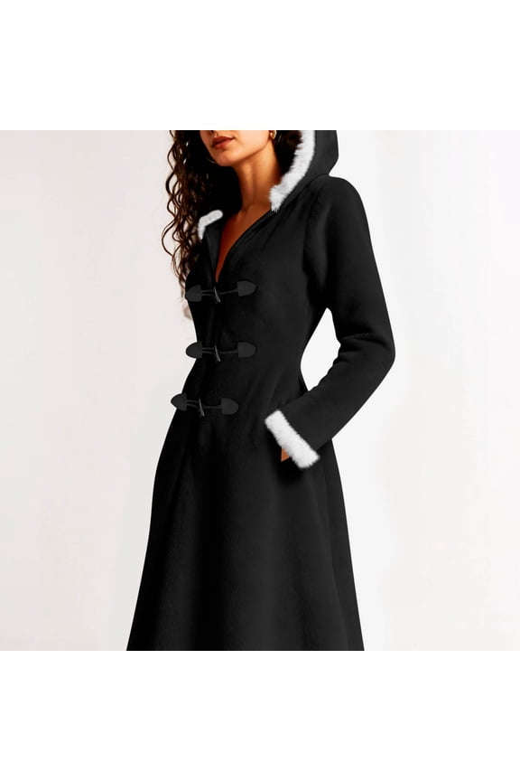 Women's Flannel Coat with Faux Fur Trim Collar, Christmas Hooded Jacket with Horn Button Front Closure, Casual Long Sleeve Outerwear