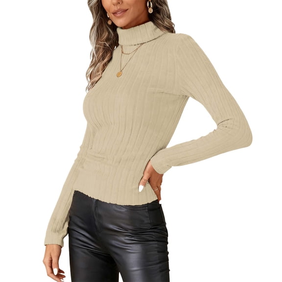 SwiftWear Women's Fleece-Lined Ribbed Turtleneck Top Soft Knit High Neck Long Sleeve Shirt Fall Winter Thermal Warm Base Layer, Khaki
