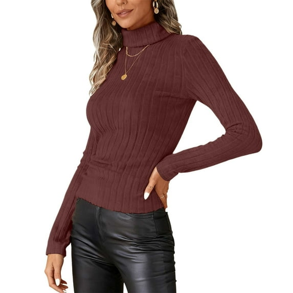 SwiftWear Women's Fleece-Lined Ribbed Turtleneck Top Soft Knit High Neck Long Sleeve Shirt Fall Winter Thermal Warm Base Layer, Wine