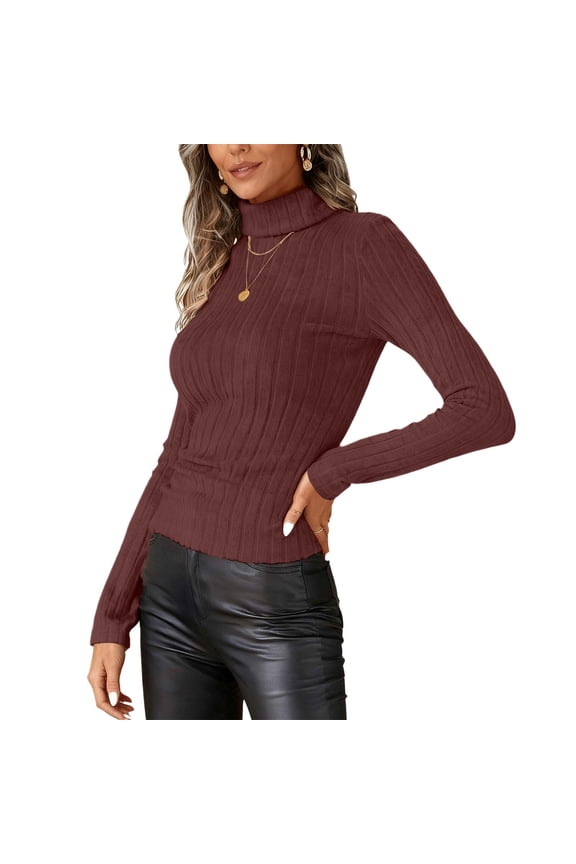 Women's Fleece-Lined Ribbed Turtleneck Top Soft Knit High Neck Long Sleeve Shirt Fall Winter Thermal Warm Base Layer, Wine